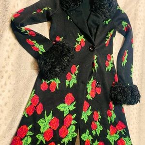 Betsy Johnson cherry sweater/coat with furry collar